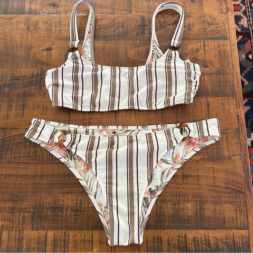 Striped Bikini Set Top and Bottom in Cream, Taupe, and Burgundy